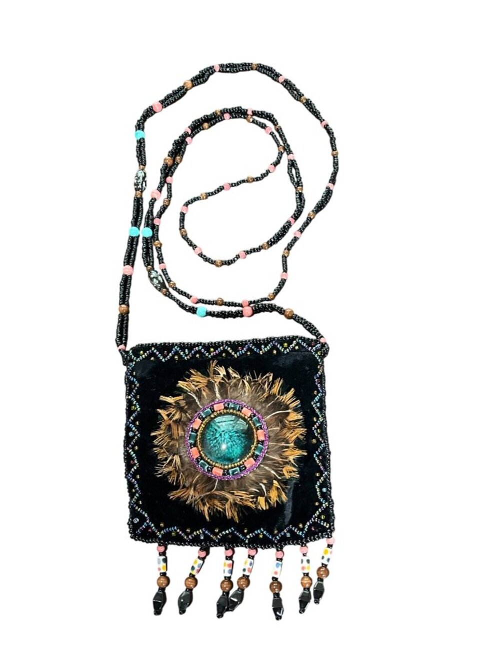 Vtg Linda Segal Black Velvet Beaded Mini Bag Feather & Bead Accent Boho 80s 90s